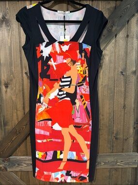 Malo Black Midi Dress with Vibrant Red Graphic Panel